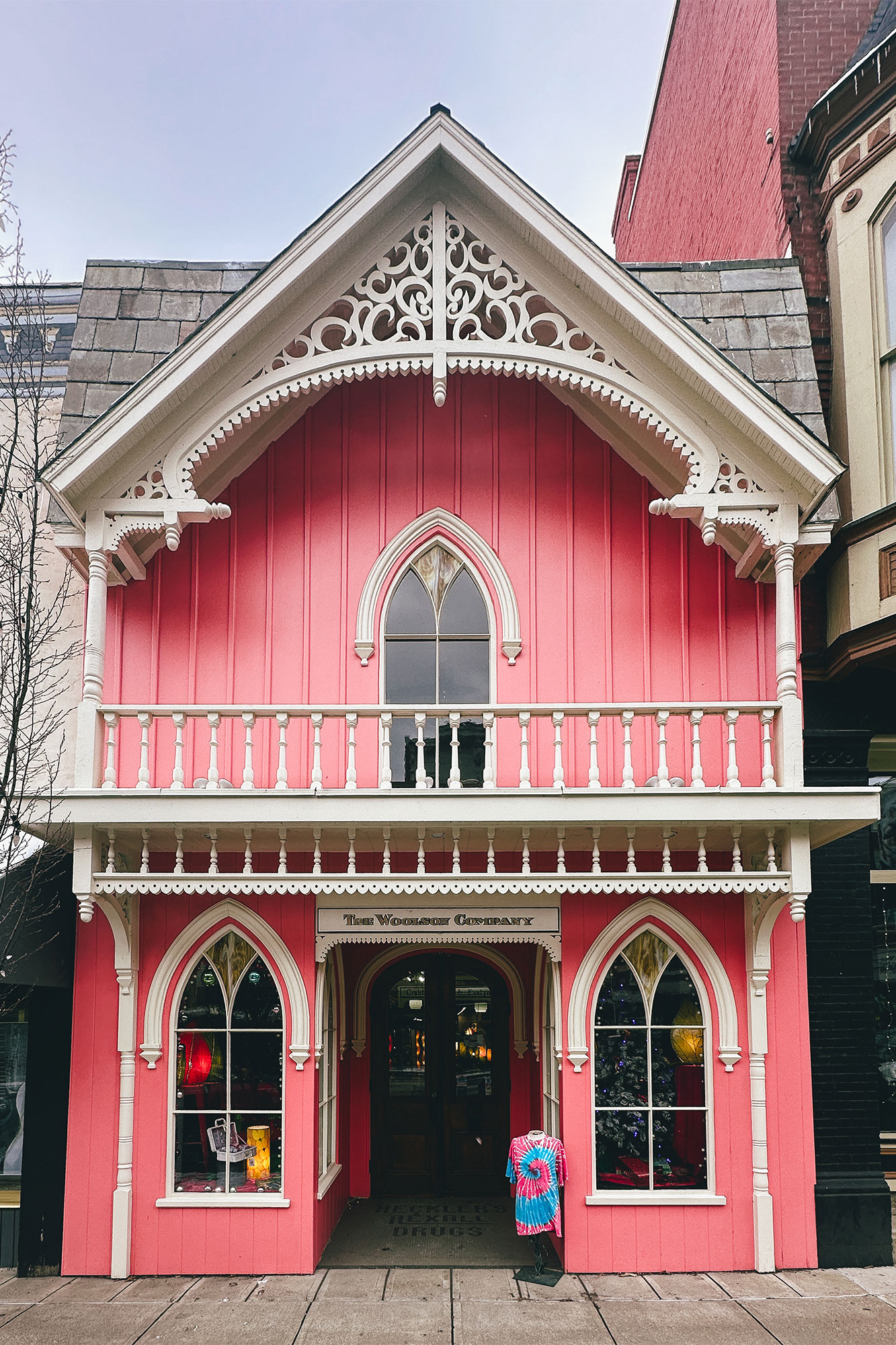Charming pink facade of a local business in Mt. Vernon, adding to the atmosphere of a couples' escape.